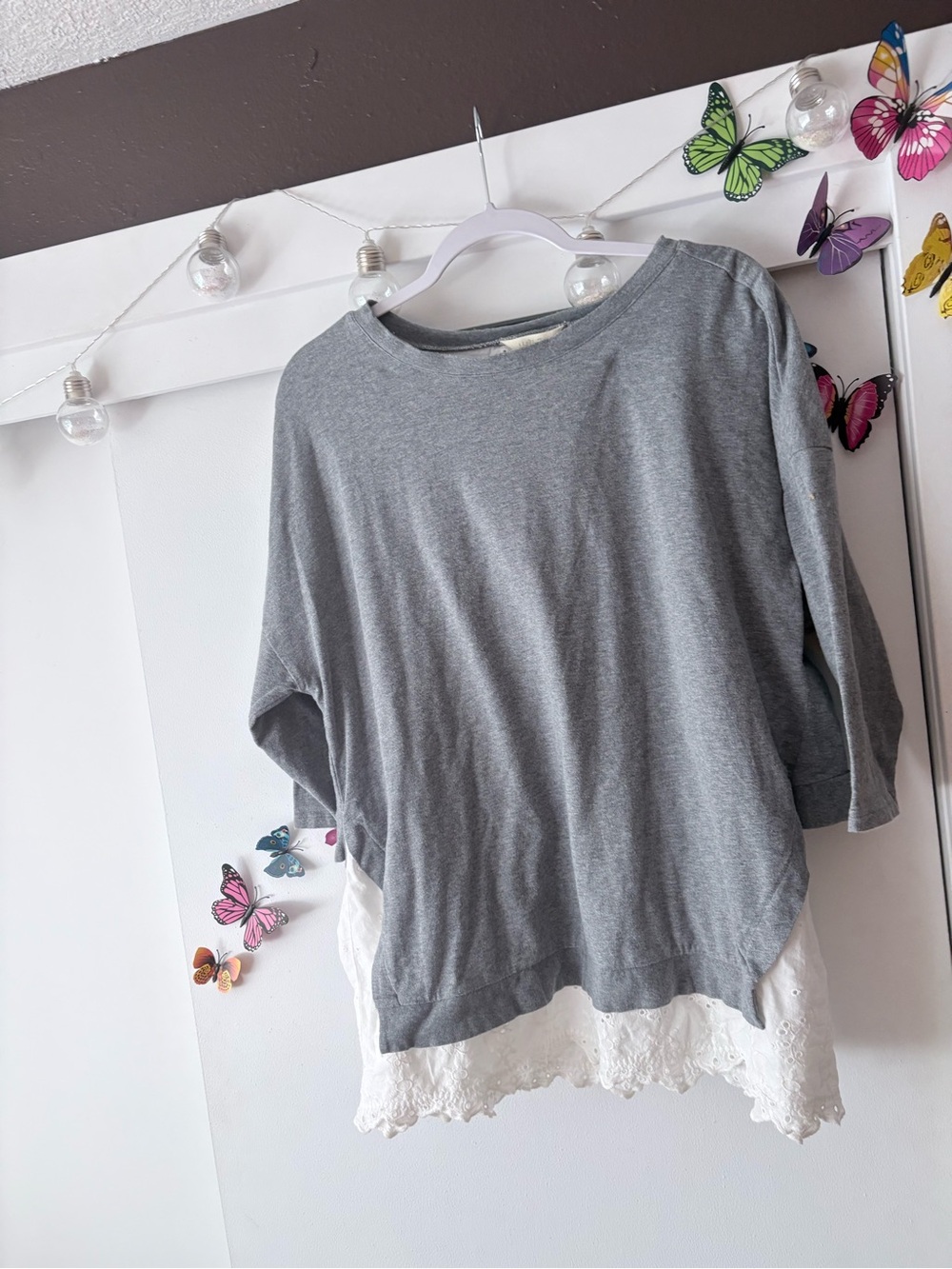 Matilda Jane Gray Long Sleeve Top with Cream Lace Hem